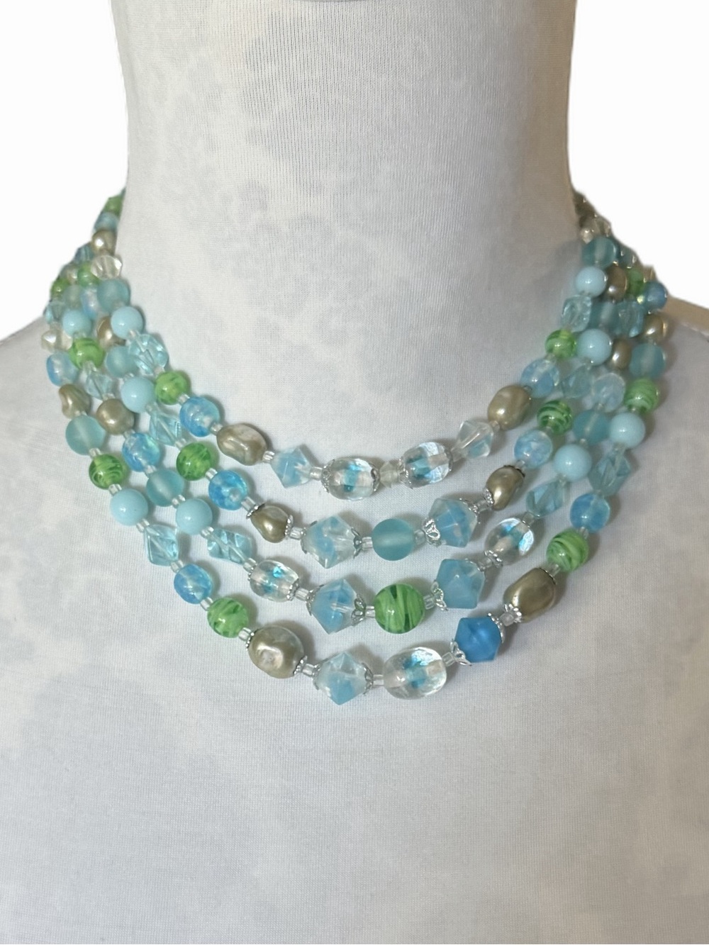 Multi-Strand Blue & Green Beaded Necklace | Faux Pearls & Glass Beads